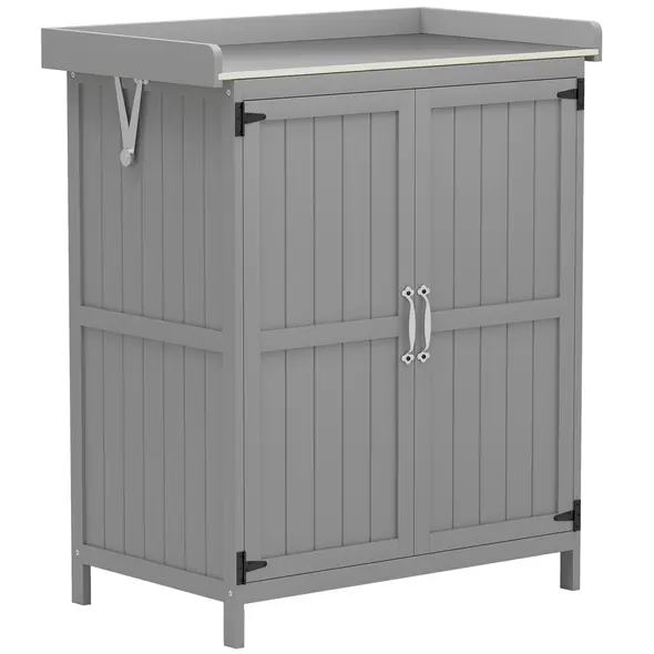 Outsunny Wooden Garden Shed, Garden Tool Storage Shed with Hinged Roof and Shelf, Outdoor Storage Cabinet with Double Doors, Grey - 1