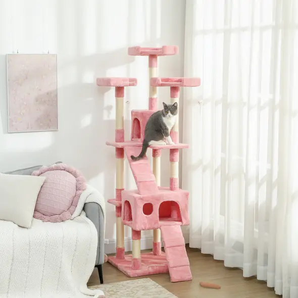 PawHut 173cm Cat Tree Scratching House, Activity Play Centre, Pink - 2