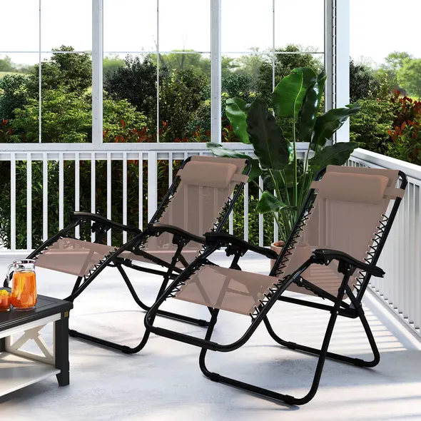 Outsunny Zero Gravity Chair Set of 2, Metal Frame Texteline Armchair Outdoor Folding and Reclining Sun Lounger with Head Pillow for Patio Decking Gardens Camping, Beige - 9