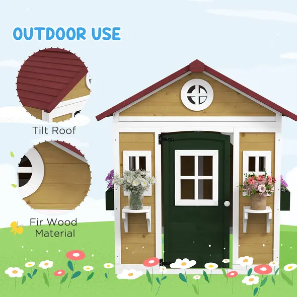 Outsunny Wooden Playhouse with Doors, Windows, Plant Pots, Boxes, for 3-8 Years - Beige - 6