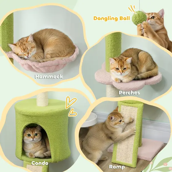 PawHut 220-240 cm Floor to Ceiling Cat Tree Adjustable Height with Hammock, Condo, Scratching Posts, Green - 5