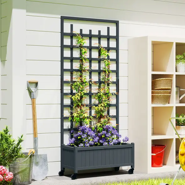Outsunny Wooden Trellis Planter, Raised Garden Bed with Wheels, to Climb and Grow Vegetables, Herbs and Flowers, Grey - 2