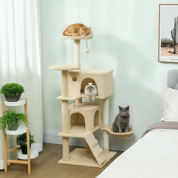 PawHut 140cm Large Cat Tree Tower with Sisal Scratching Posts, Plush Perches, Hammock, Beige - 2