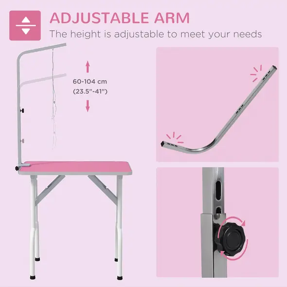 PawHut 32" Foldable Dog Grooming Table Pet Drying Beauty Table Adjustable Fixed Arm Rubber Top, Pink - 4