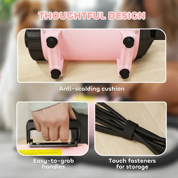 PawHut 2200W Dog Hair Dryer with Adjustable Temperature & Velocity, 3 Different Nozzles, Pink - 8