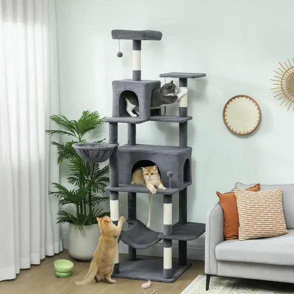 PawHut 202cm Large Cat Tree with 6 Scratching Posts, 2 Hammocks, 2 Condos, 2 Perches, Pompoms, for Indoor Cats to Rest and Play - 2