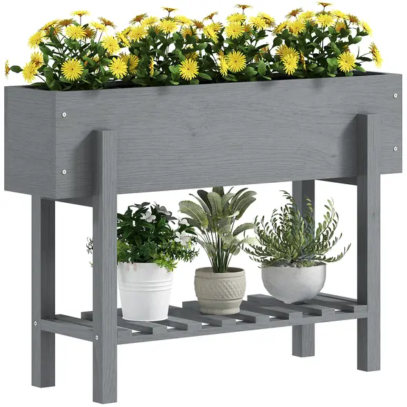 Outsunny Wooden Two-Tier Raised Planter - Grey - 1