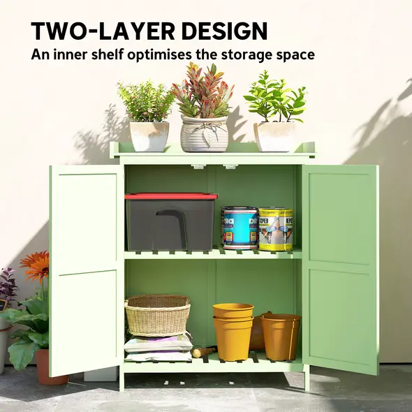 Outsunny Wooden Garden Shed, Garden Tool Storage Shed with Hinged Roof and Shelf, Outdoor Storage Cabinet with Double Doors, Light Green - 6