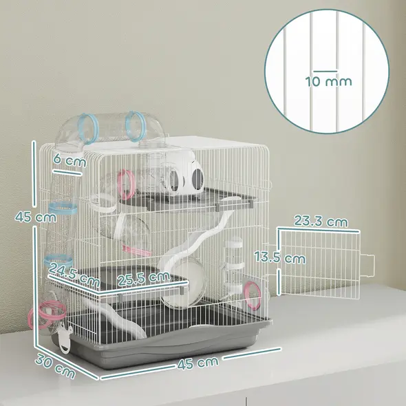 PawHut 3-Tier Hamster Cage with Exercise Wheels, Water Bottle, Food Dish, for Dwarf Hamsters, 45 x 30 x 45 cm, Grey - 3
