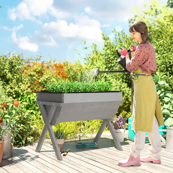 Outsunny Wooden Raised Garden Bed with Bed Liner, Elevated Planter Box with Legs, Light Grey - 9