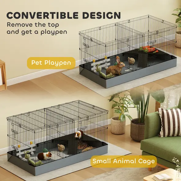 PawHut 2 in 1 Guinea Pig Cage, Rabbit Cage Pet Playpen with 2 Separate Area, Waterproof Oxford Fabric Floor for Hedgehogs - 4