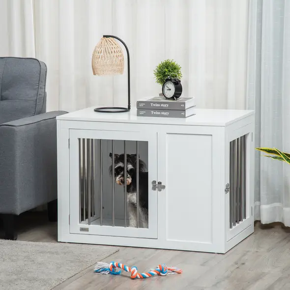PawHut 2-in-1 Dog Cage and Side Table, with Two Lockable Doors, for Medium Dogs - White - 2