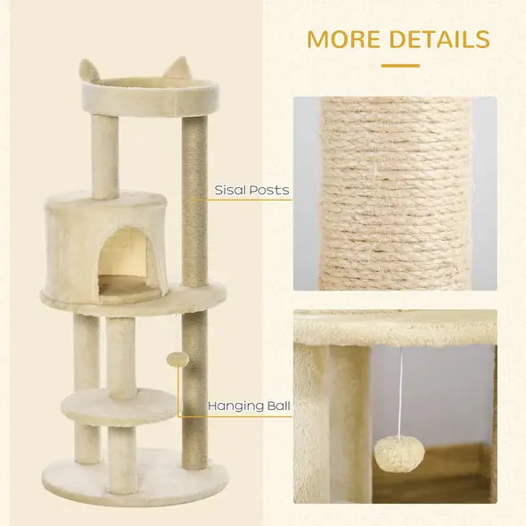PawHut 104 cm Cat Tree, Cat Condo Tree Tower, Cat Activity Centre with Scratching Posts, Plush Perches, Hanging Ball - Cream White - 5