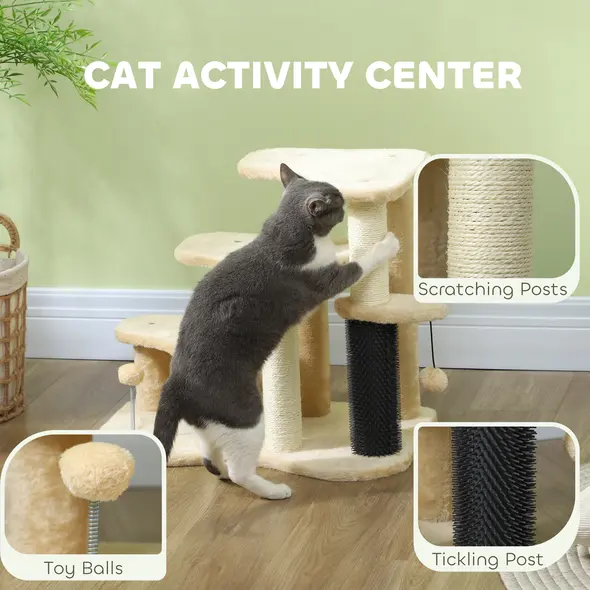 PawHut 2-in-1 Cat Tree, Pet Stairs with Scratching Tickling Post, Toy Balls, for Bed, Sofa, Couch, Beige - 5