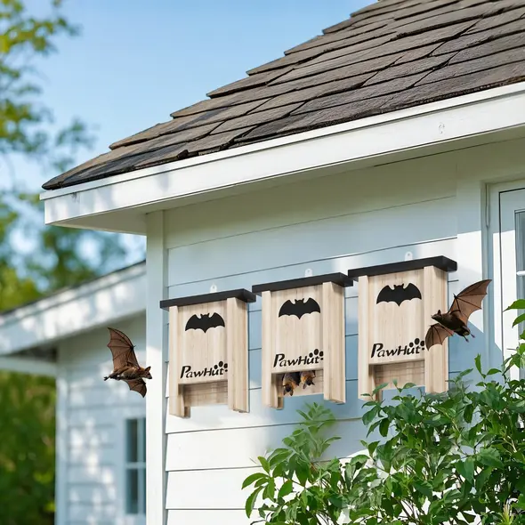 PawHut 3PCs Wooden Bat Boxes, Bat Houses Designed to Attract Bats & Easy to Hang for Outdoor, Garden, Farm, 18 x 6 x 22.5 cm - 2