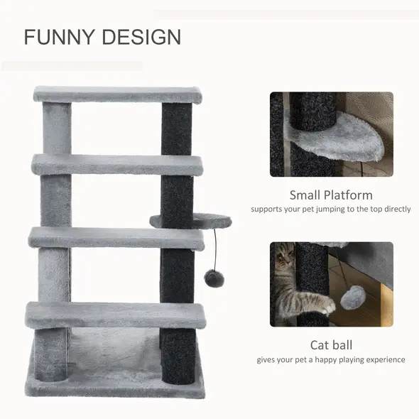 PawHut 4-step Pet Stairs with Scratching Posts, Platforms, Toy Ball, Grey - 5