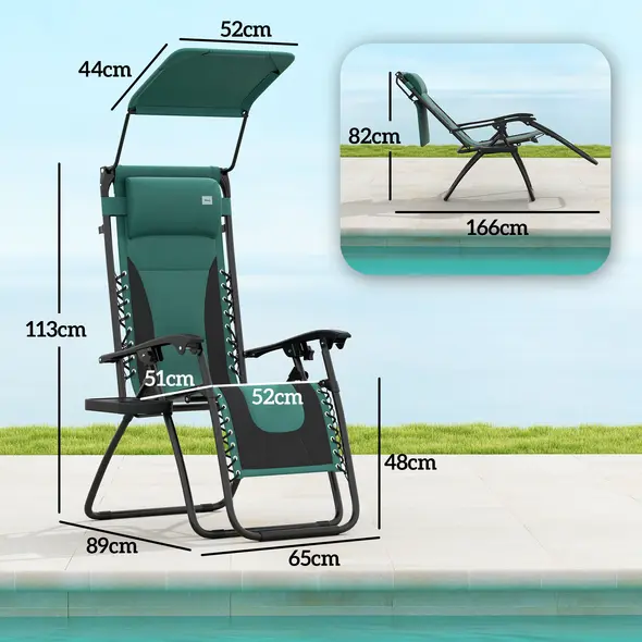 Outsunny Zero Gravity Lounger Chair, Folding Reclining Patio Chair with Shade Cover, Padded Seat, Cup Holder, Soft Cushion and Headrest for Poolside, Camping, Green - 3