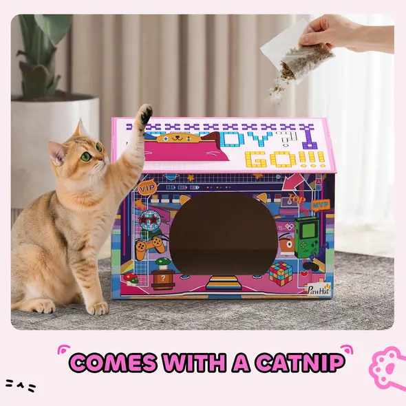 PawHut 2 in 1 Gaming Style Cardboard Cat House with Scratching Board & Catnip for Indoor Cats, Pink - 6