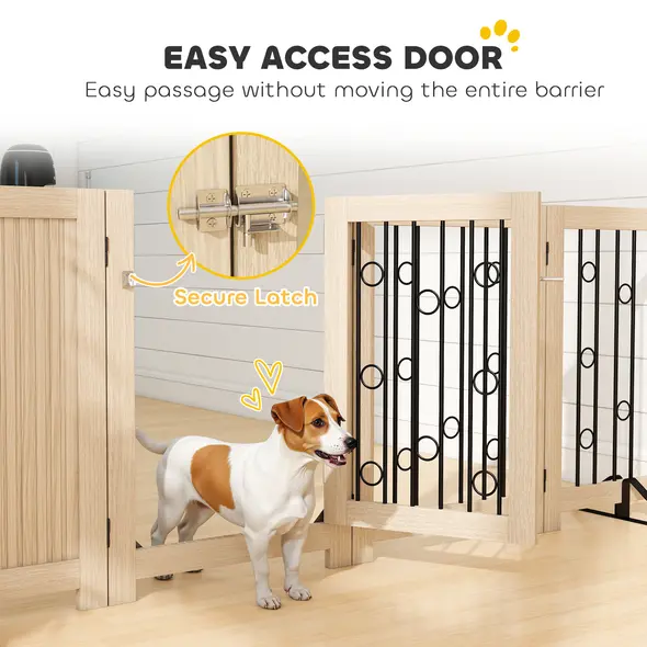 PawHut 4 Panel Freestanding Pet Gate, Indoor Dog Barrier with Lockable Door, Support Feet, 360° Flexible Hinges, Oak - 7