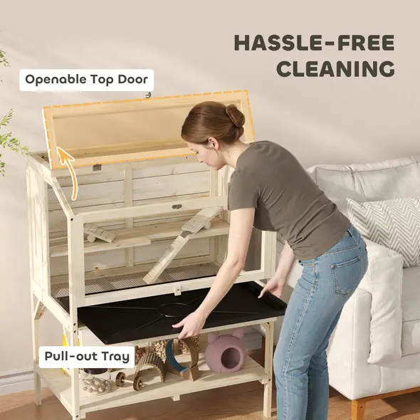 PawHut 2 Tier Wooden Hamster Cage with Shelf and Openable Top - 5
