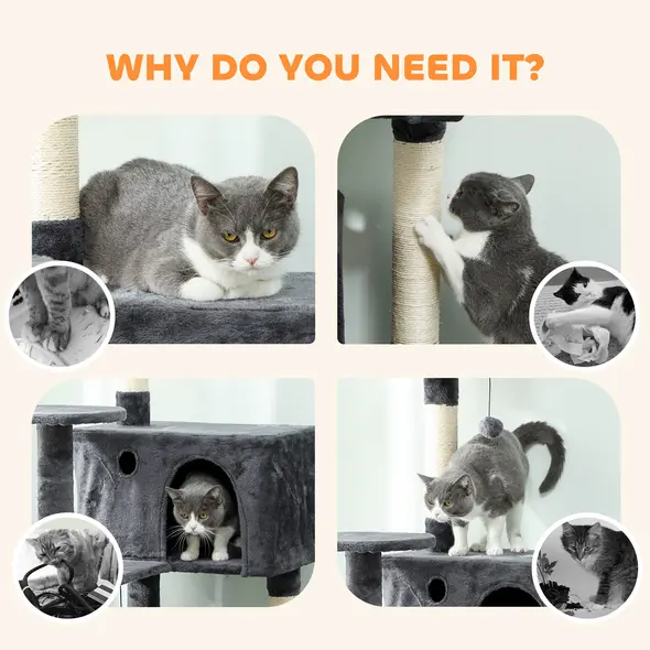 PawHut 180cm Large Cat Tree Tower with Sisal Scratching Posts, Condos, Plush Perches, Hammock, Ladder, Dark Grey - 8