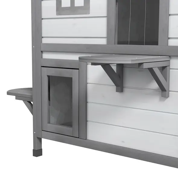 PawHut 2-Story Indoor or Outdoor Cat House W/ Escape Door, Cat Shelter, White - 8