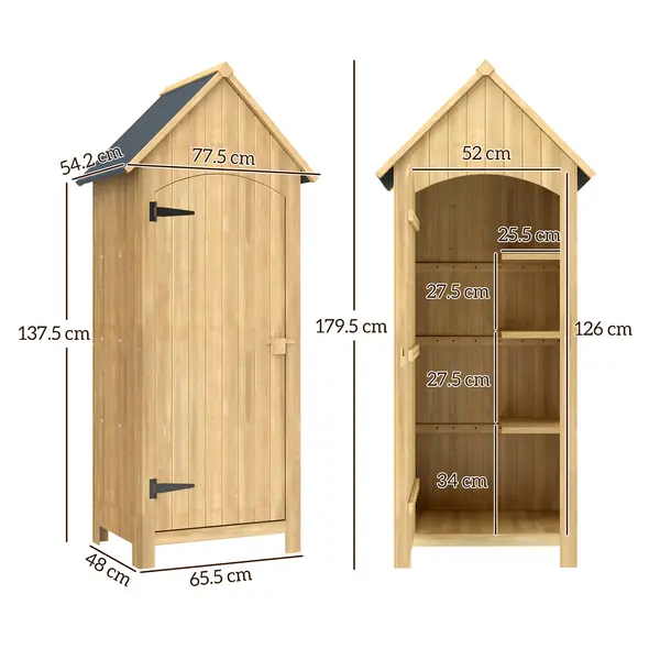 Outsunny Wooden Garden Storage Shed with 3 Shelves, Outdoor Tool Storage Cabinet with Tilt Roof and Lockable Door, 77.5 x 54.2 x 179.5 cm, Natural - 3