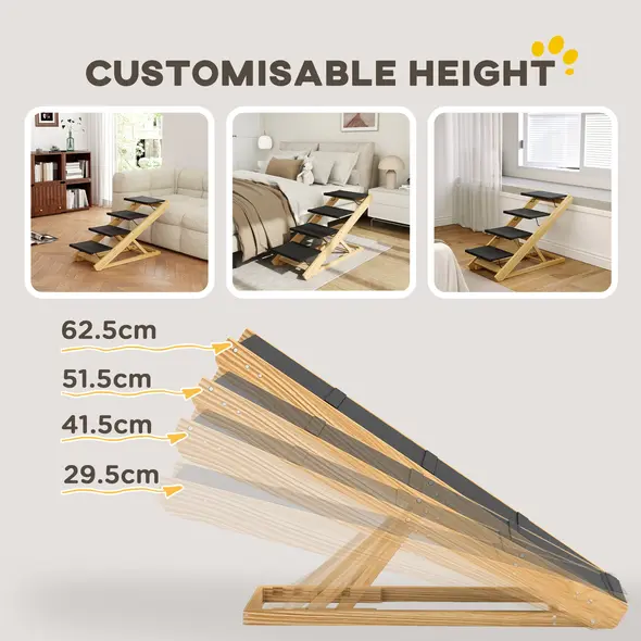 PawHut Adjustable Dog Steps Dog Ramp, 4-Step Non-slip Pet Stairs for Large Sized Dogs, Foldable Dog Stairs for Bed Sofa - 6