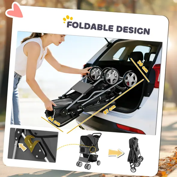 PawHut Dog Pram, Pet Stroller with Reflective Strips, Foldable Cat Stroller with 360° Swivel Wheels, Dark Grey - 5