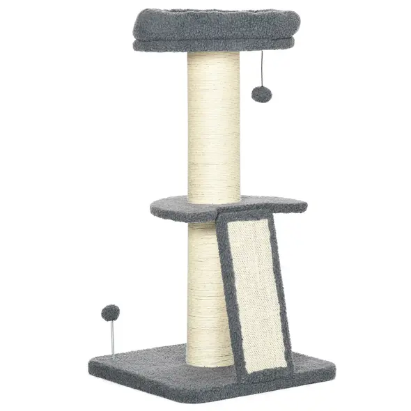 PawHut Cat Tree Tower with Scratching Posts, Pad, Bed, Toy Ball-Dark Grey - 1