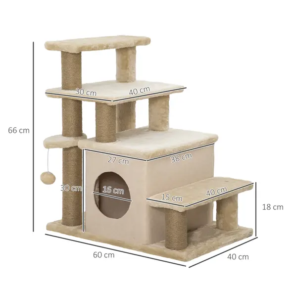 PawHut Adjustable Cat Steps, with House & Hanging Toy Ball - Beige - 3