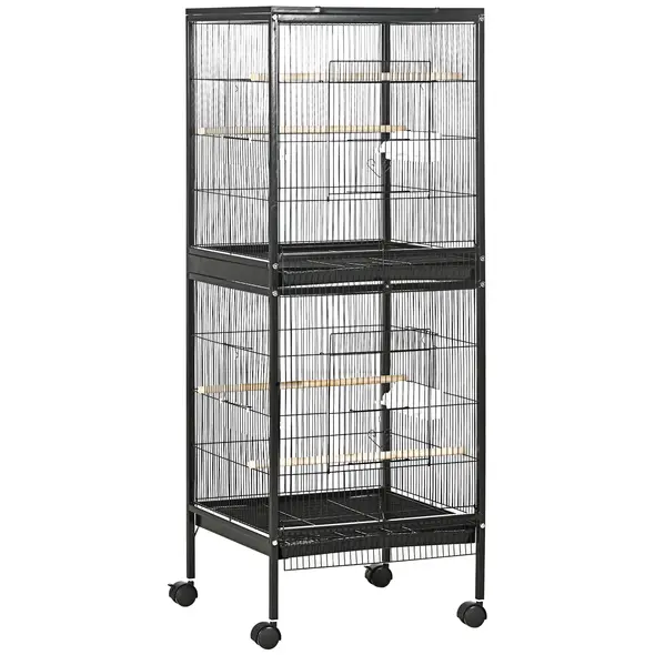 PawHut Bird Cage Budgie Cage 2 In 1 Large Aviary with Wheels Removable Trays for Finch Canaries Cockatiels Black - 1