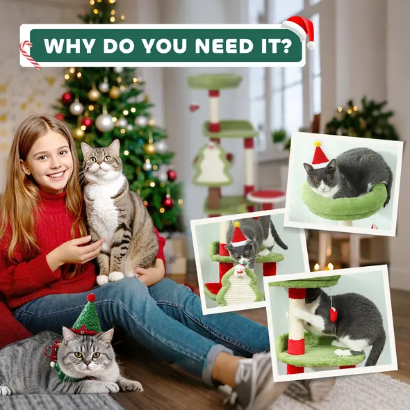 PawHut Cat Tree, 120cm Christmas Cat Tower with 3 Scratching Posts, Scratching Board, 2 Perches, Platforms, Toys, Green - 8