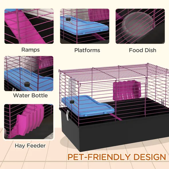PawHut Chinchillas Small Rabbit Guinea Pig Small Animal Cage, Pet Playhouse, with Platform, Ramp, 71 x 46 x 47cm - 5