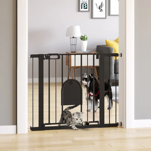PawHut Dog Gate with Cat Flap Pet Safety Gate Barrier, Stair Pressure Fit, Auto Close, Double Locking, for Doorways, Hallways, 75-103 cm Black - 2