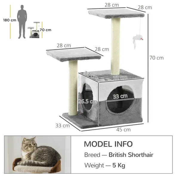 PawHut Cat Tree w/ Sisal Scratching Posts, House, Perches, Toy Mouse, Grey - 3
