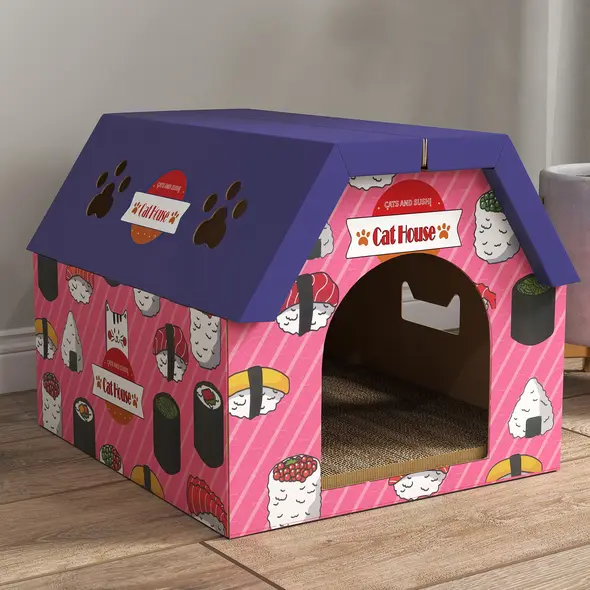 PawHut Cat Scratching Board, 2-in-1 Cardboard Cat House and Hideaway for Indoor Cats, Pink - 9