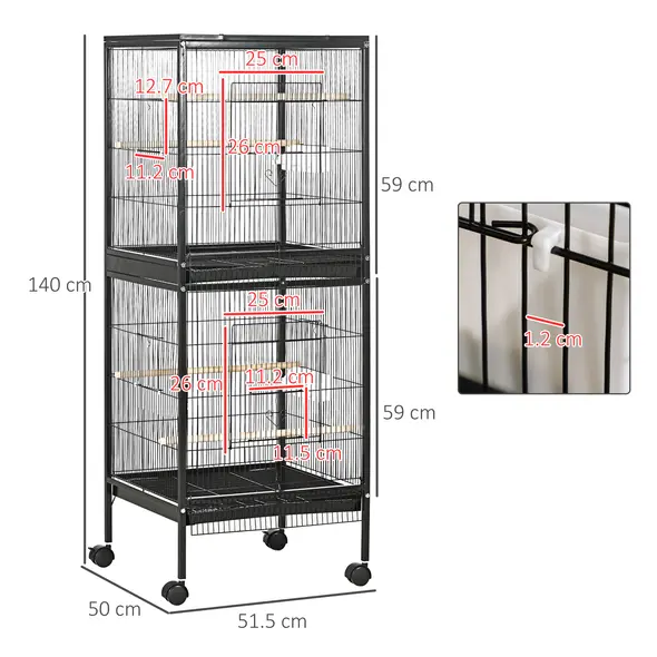 PawHut Bird Cage Budgie Cage 2 In 1 Large Aviary with Wheels Removable Trays for Finch Canaries Cockatiels Black - 3