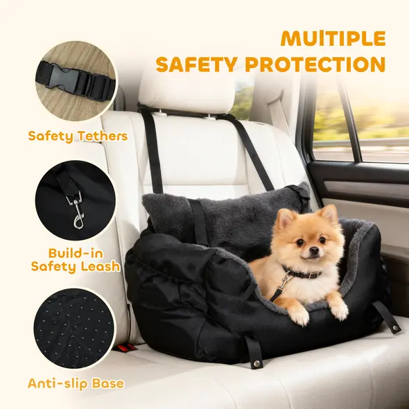 PawHut Dog Car Seat for Small Dogs with Fixed Buckle, Safety Leash, Washable Cover, 58 x 45 x 28 cm, Black - 4