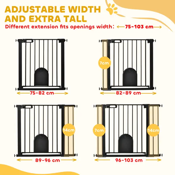 PawHut Dog Gate with Cat Flap Pet Safety Gate Barrier, Stair Pressure Fit, Auto Close, Double Locking, for Doorways, Hallways, 75-103 cm Black - 7