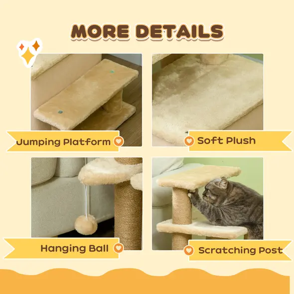 PawHut Adjustable Cat Steps, with House & Hanging Toy Ball - Beige - 6