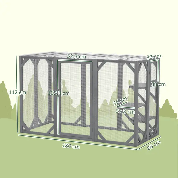 PawHut 71" Outdoor Wooden Cat House with Three Platforms, Large Door, Water-Resistant Roof, for Multiple Cats, Grey - 3