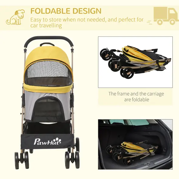 PawHut Detachable Pet Stroller with Rain Cover, 3 In 1 Cat Dog Pushchair, Foldable Carrying Bag w/ Universal Wheels, Brake, Canopy, Basket, Storage Bag for Small and Tiny Dogs - Yellow - 5