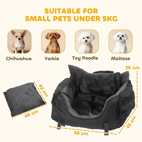 PawHut Dog Car Seat for Small Dogs with Fixed Buckle, Safety Leash, Washable Cover, 58 x 45 x 28 cm, Black - 3