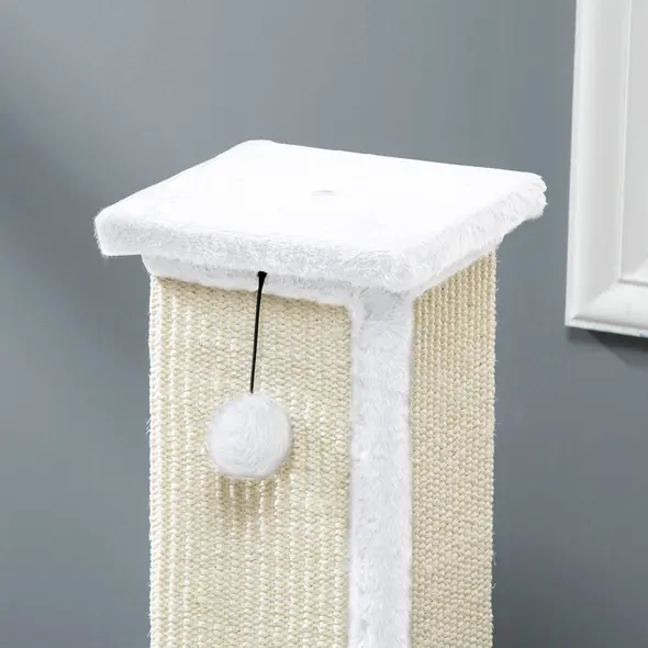 PawHut 81cm Cat Scratcher, Vertical Full Scratcher w/ Natural Sisal Rope, Hanging Ball, Soft Plush - White - 7