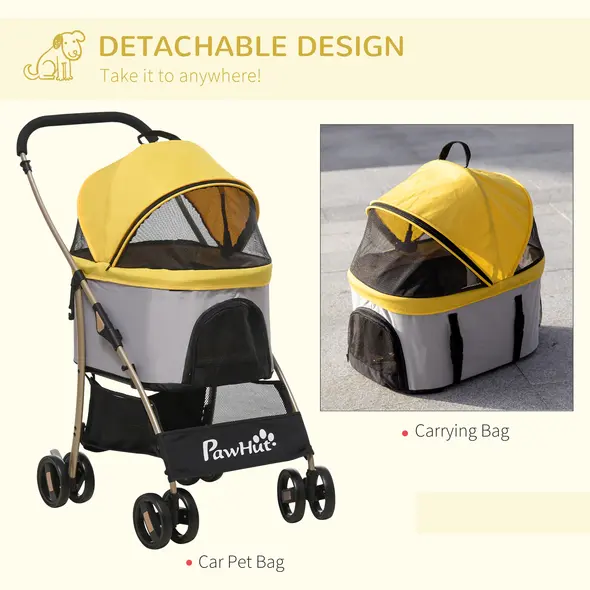 PawHut Detachable Pet Stroller with Rain Cover, 3 In 1 Cat Dog Pushchair, Foldable Carrying Bag w/ Universal Wheels, Brake, Canopy, Basket, Storage Bag for Small and Tiny Dogs - Yellow - 6