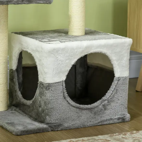 PawHut Cat Tree w/ Sisal Scratching Posts, House, Perches, Toy Mouse, Grey - 8