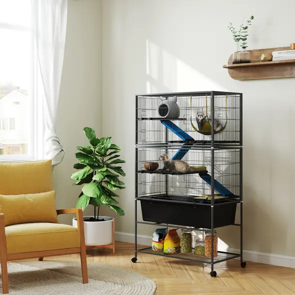 PawHut 5 Levels Rolling Small Animal Cage with Non Slip Ramps, Slide Out 16cm Deep Tray, 88 x 48 x 150.5cm, Dark Grey - 2