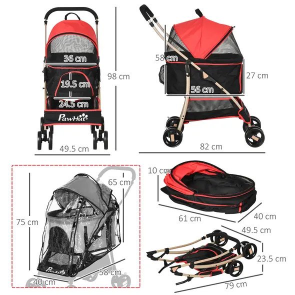 PawHut Detachable Pet Stroller with Rain Cover, 3 In 1 Cat Dog Pushchair, Foldable Carrying Bag w/ Universal Wheels, Brake, Canopy, Basket, Storage Bag for Small and Tiny Dogs - Red - 3