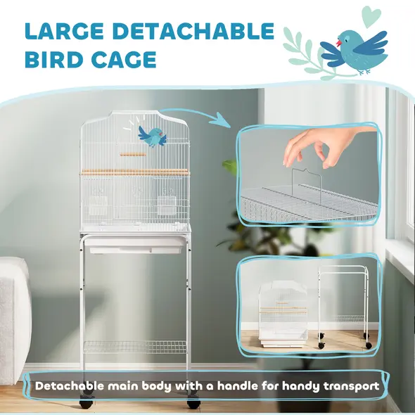 PawHut Bird Cage Budgie Cages for Finch Canary Parakeet with Stand Wheels Slide-out Tray Accessories Storage Shelf, White - 4